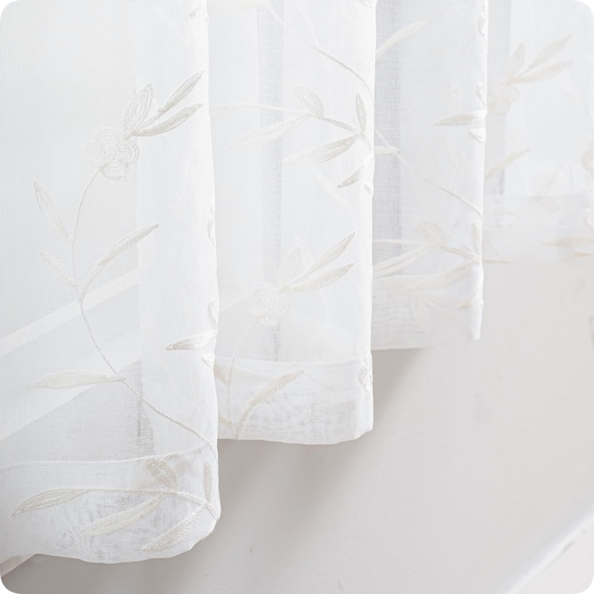 Sheer Curtains Floral Embroidery White 84 Inch Long Rod Pocket Lace Drapes for Living room, Bedroom, 2 Panels, 52"x84", Semi Voile Pattern Outdoor Window Treatment Sets for Yard, Patio, Villa, Parlor.