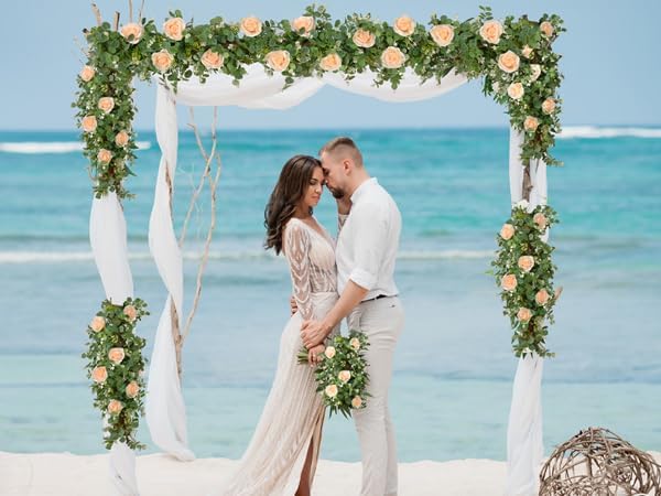 Dolicer 2Pcs 13Ft Artificial Eucalyptus Garlands with Flowers - 8 Roses, Faux Floral Greenery Garlands Fake Flowers Vines for Wedding Table Centerpieces Arch Party Ceremony Backdrop Decor (Champagne)