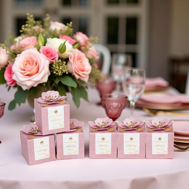 FEIYI 20 PCS Favor Boxes, 3 In 1 Dusty Rose Candy Boxes with Floral Decor, White Thank You Tags Gold Foil Print Gift wrapping for Wedding, Baby Shower, Birthday, Decorations Party - 2.55x2.55x2.55