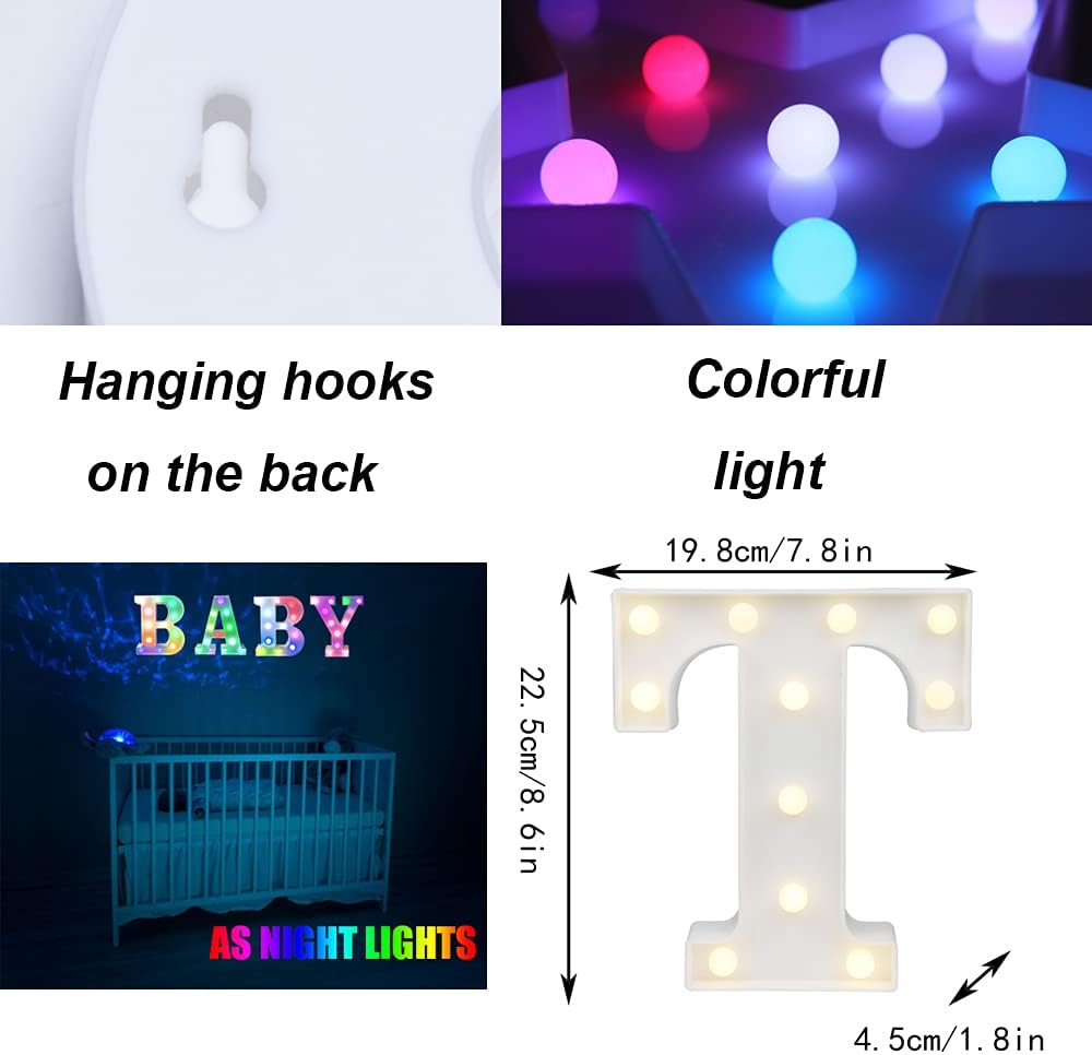 Light Up Colorful LED Marquee Letter lights, 18 Colors Changing Alphabet Letters Sign with Remote Timer for Night Light Girls Bedroom Wedding Birthday Party Lamp Christmas Home Bar Decor- Colorful T