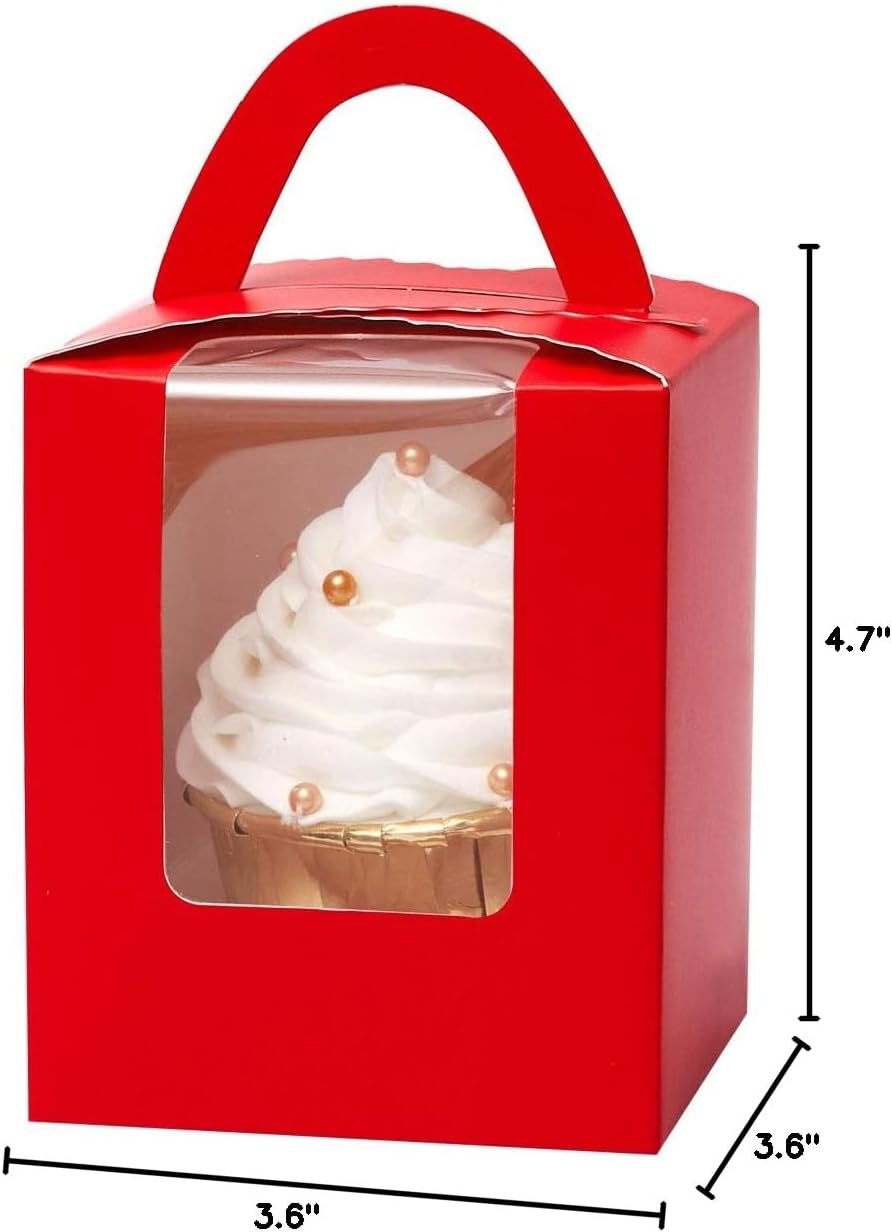 qiqee Red Cupcake Boxes Individual Cupcake Holders Disposable 50pcs Single Cupcake Boxes with Window 3.6 * 3.6 * 4.3inch Cupcake Containers