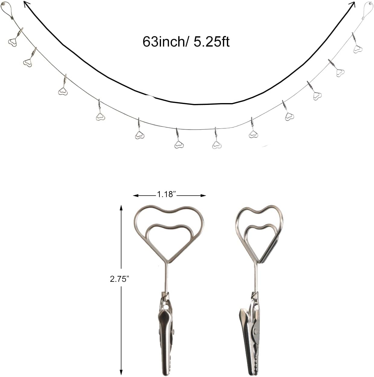 Multi-Purpose Steel Wall Hanging Photo Display Cable Wire Rod with 12 Adjustable Clips for Hanging Photos Notes Postcard and Artworks (Heart)