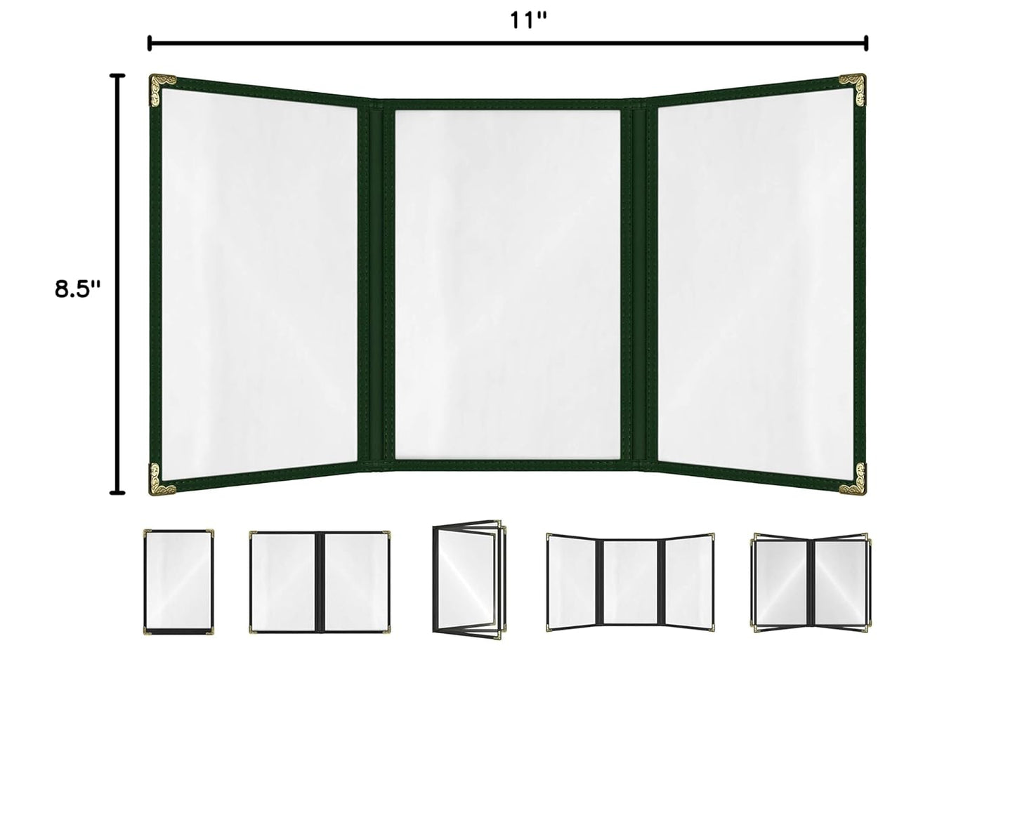 Goodsmart Restaurant Menu Covers – 25 Pack Green 6-View Trifold 8.5" x 11", Side-Loading Vinyl & Plastic Menu Holders, Clear Menu Sleeves, Leather-Style Café Covers with Gold Corners