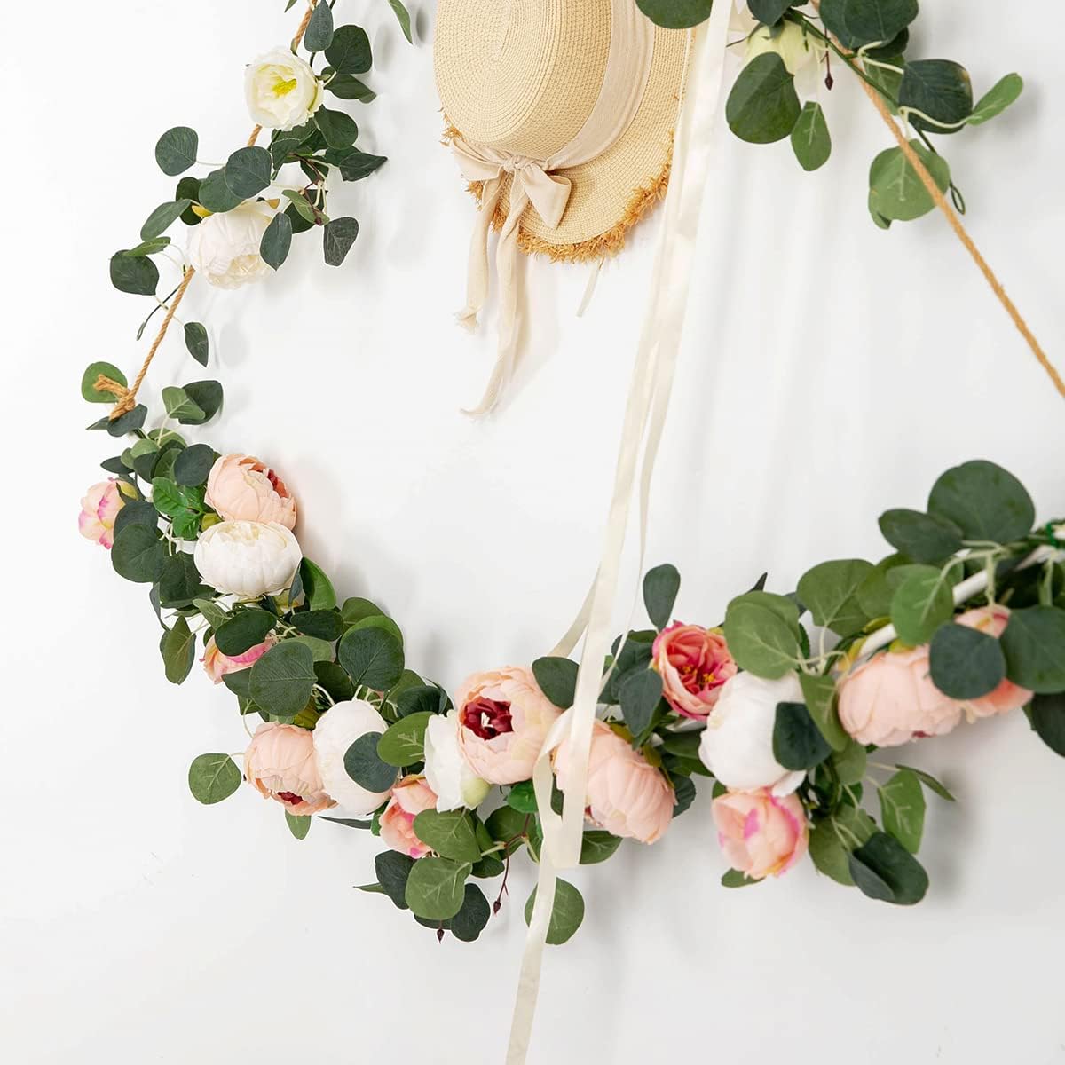 Floweroyal 2 Pack Artificial Flower Garlands 11.2FT Eucalyptus Garlands with Flowers 8 Head Peony Flower Vine Faux Floral Garland for Wedding Arch Table Wall Backdrop Wreath Decoration. (Pink & White)