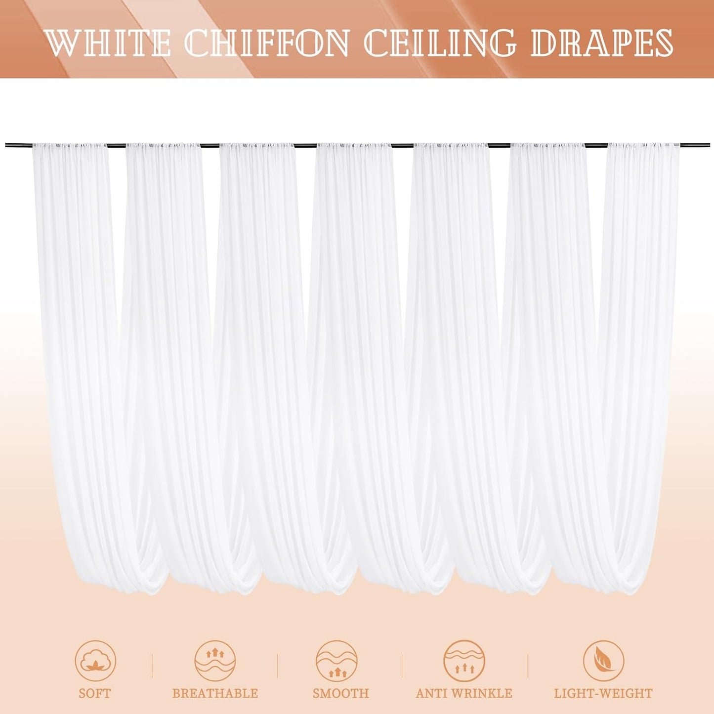6 Panels White Ceiling Drapes for Wedding 5ftx20ft Sheer Drapery Chiffon Fabric Arch Draping Curtains for Party Ceremony Birthday Baby Shower Reception Stage Ceiling Decorations