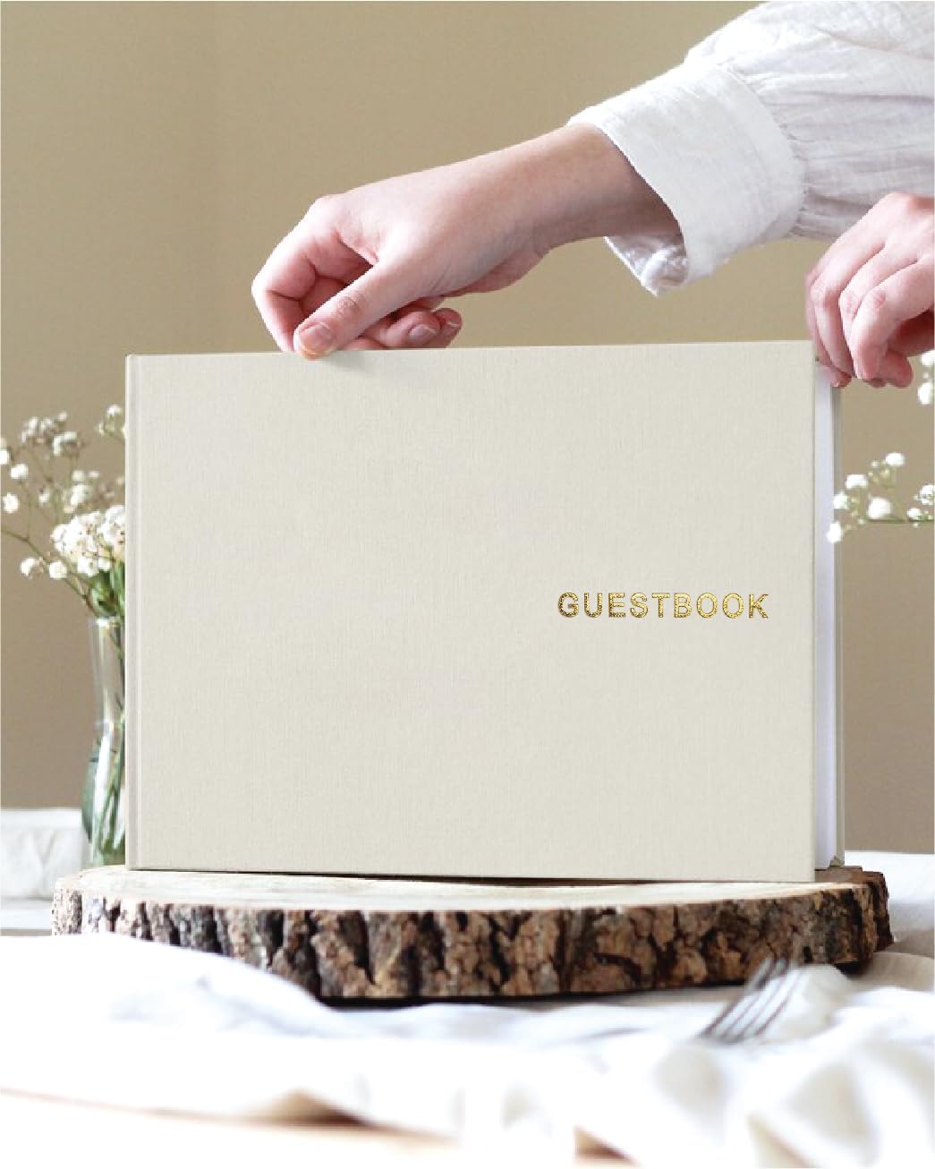 Elegant Linen Wedding Guset Book - Polaroid Guest Book for Wedding Reception,Baby Shower,Bridal Shower and Special Events - 100 Blank Pages for Sign in and Photos (A-Cream)