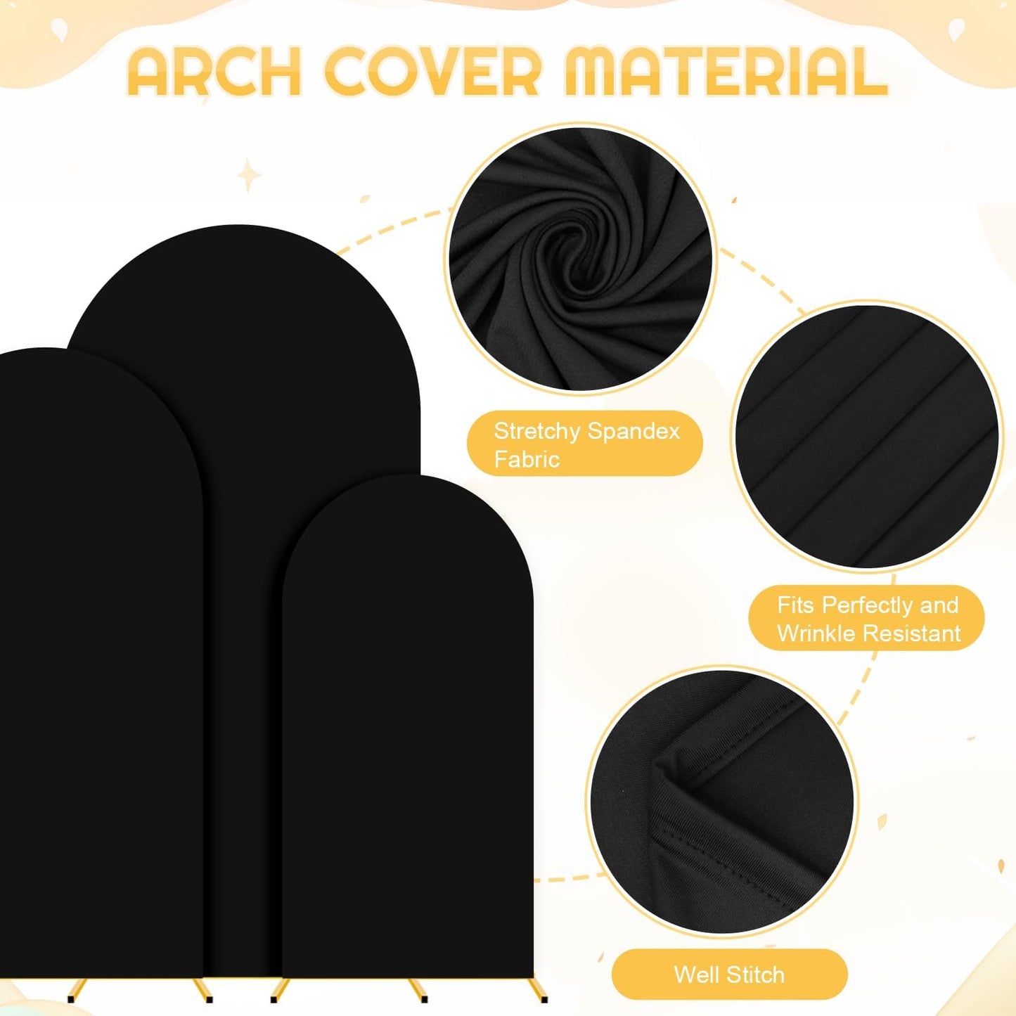 FUHSY Metal Arch Backdrop Stand and Cover Set 6FT, 6.6FT, 7.2FT Black Arch Cover Set of 3 Wedding Backdrop Arch Stands Chiara Arched Frame with Backdrop Covers for Birthday Party Baby Shower Decor