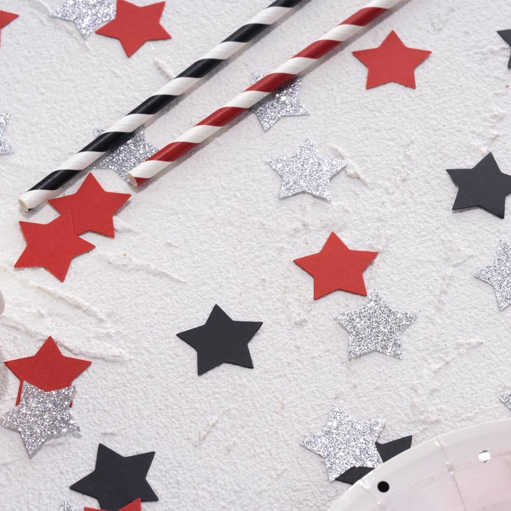 Red Black and Silver Star Confetti Table Decoration for 4th July Independence Day Graduation Retirement Patriotic Theme Party,1.2 inch in Diameter,200 Counts
