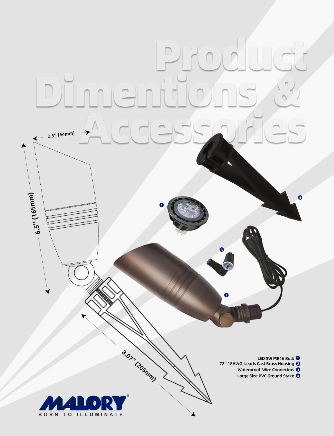 MALORY Brass Landscape Spotlights 6-Pack with Bulb Kit(S02), Low Voltage 12V AC/DC LED Outdoor Spot Uplights for House and Tree,PVC Ground Stake and Wire Connector Included, 5W 2700K Warm White