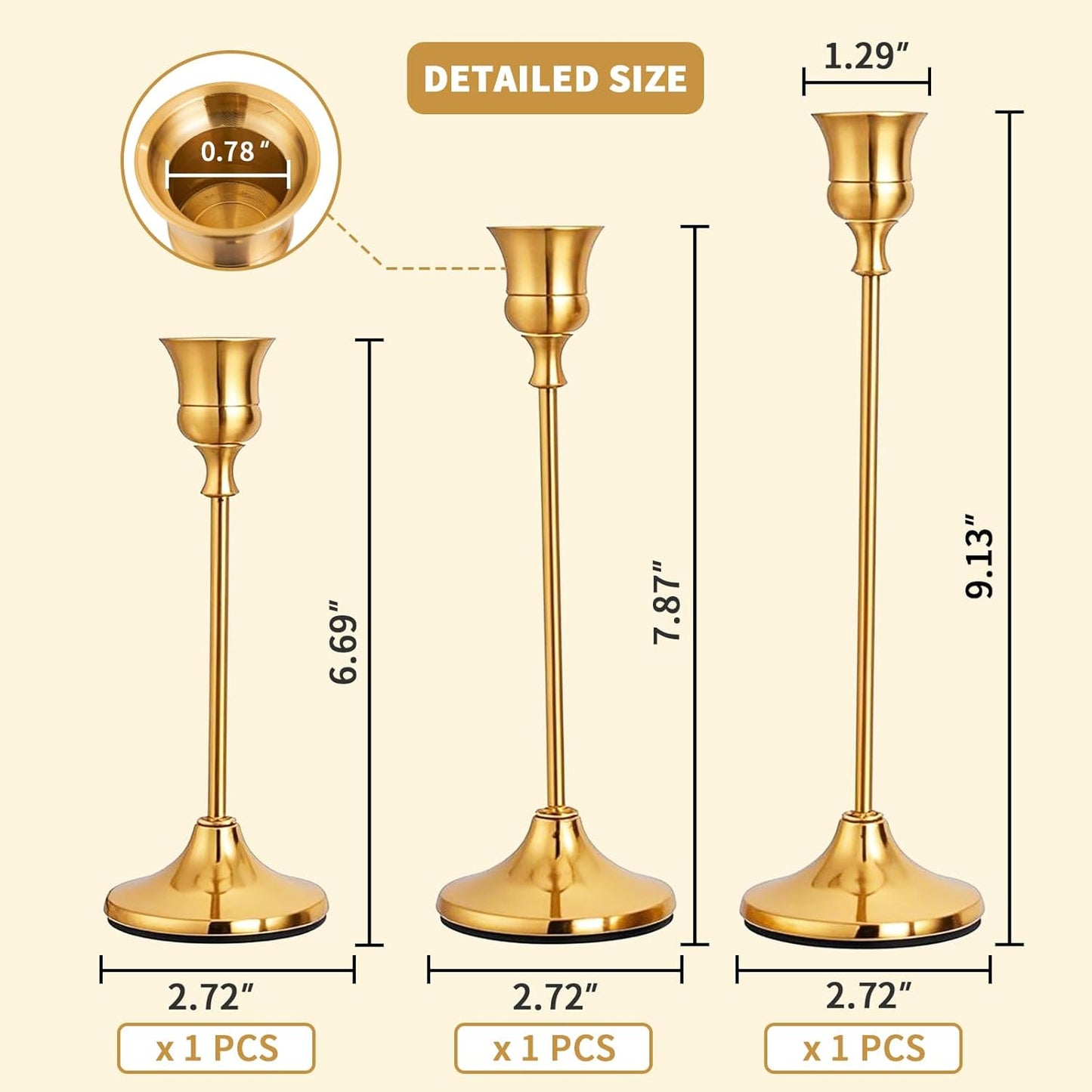CHILL RECIPE Candlestick Holders Gold Taper Candle Holders, 3 PCS Candle Sticks Holders for Home Decor Table Centerpiece Wedding Housewarming Festival