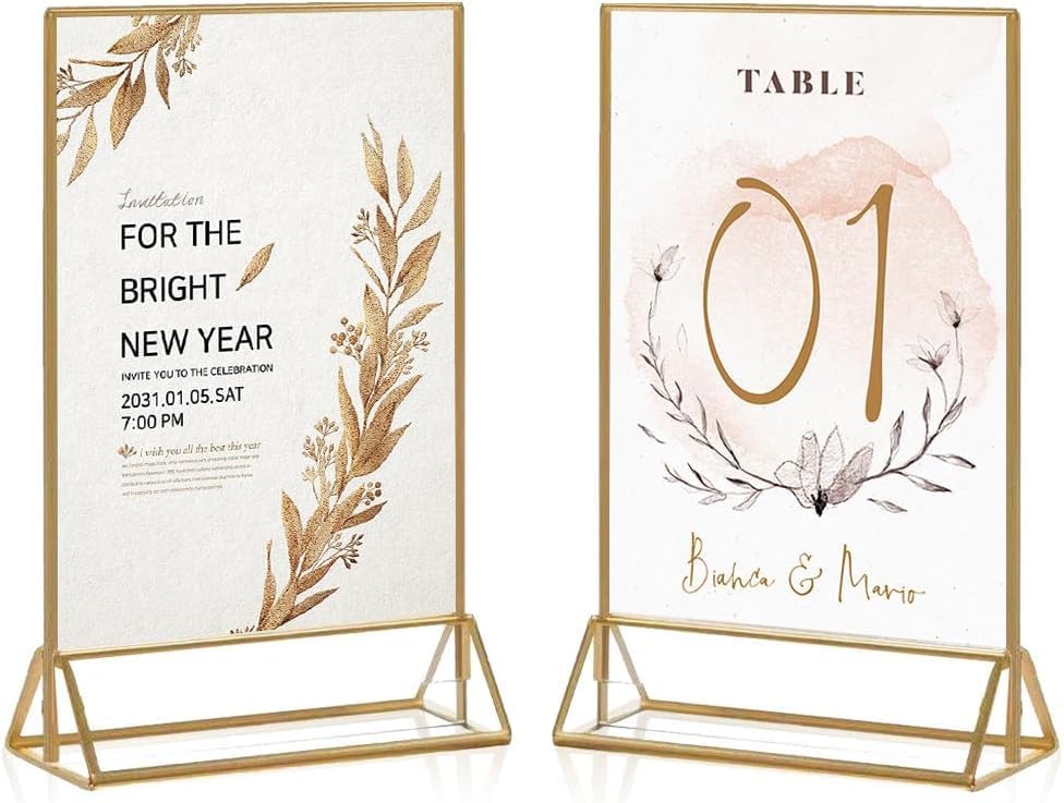 16 Pack Gold Acrylic Sign Holder, 5x7 Inch Picture Frames Wedding Double Sided Display Clear Sign Holders Stand Desktop Table Menu for Wedding Party Restaurant