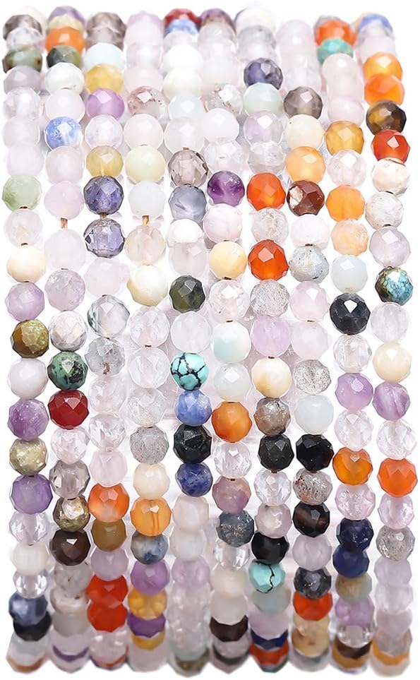 Faceted Mix Colored Stone Round Loose Semi Gemstone Beads for Jewelry Making 3-3.5mm 38cm