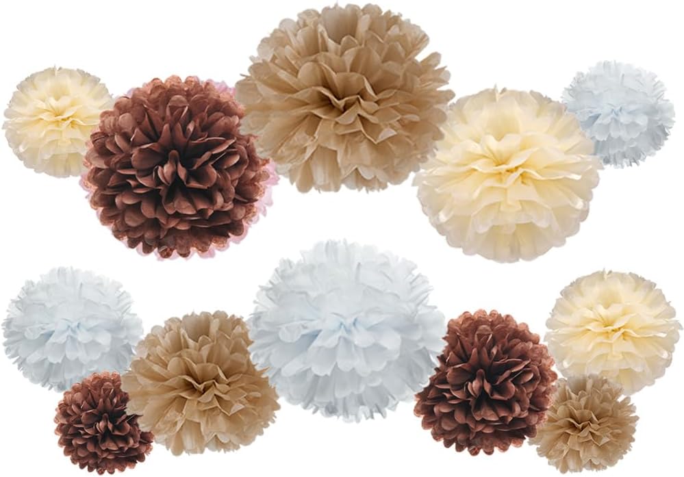 Brown Champagne Tan Ivory and White Tissue Paper Pom Poms Flower for Neutral Baby Shower Birthday Retirement New Year Party Decoration, 12pc