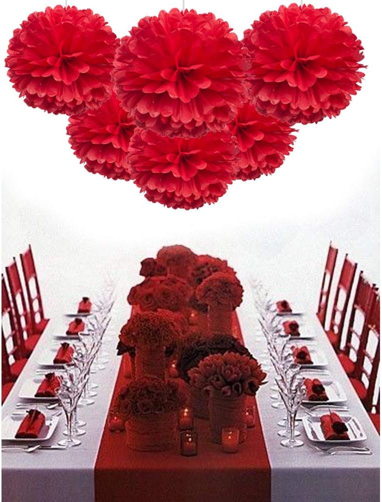 MOWO Red Paper Flower Tissue Pom Poms Party Supplies (red,12pc)