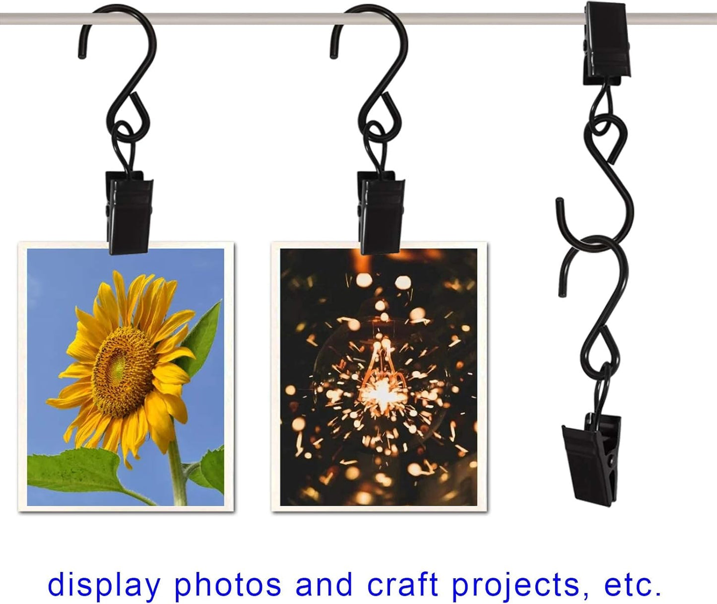 Stainless Steel S Hooks Curtain Clips, 50 Pack Hanging Party Lights Clips Hangers Gutter Photo, Art Craft Display, 2.4 Inch Long, Black