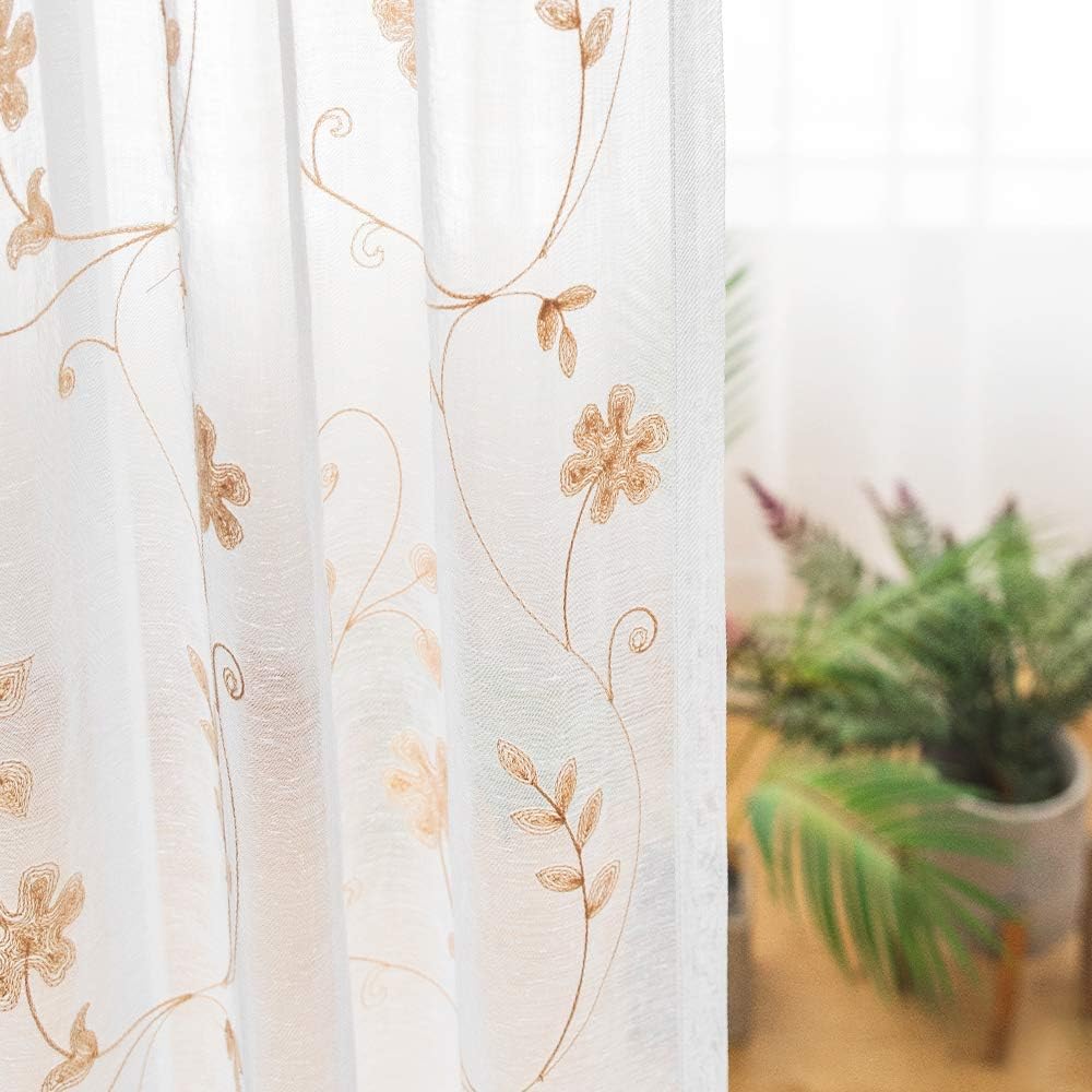 Embroidery Sheer Curtains Gold 63 Inch Length, Rod Pocket Voile Drapes for Living room, Bedroom, Window Treatments Semi Crinkle Curtain Panels for Yard, Patio, Villa, Parlor, Set of 2, 52"x 63".
