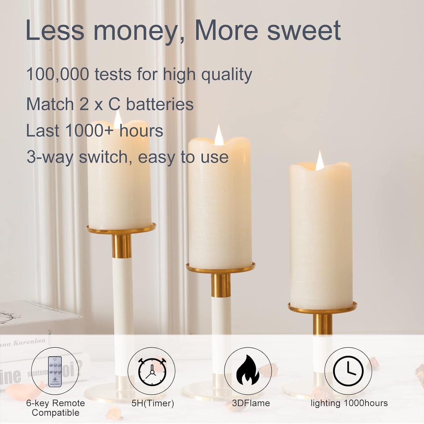 Flickering Flameless Candles with 3D Moving Flame Set of 3(H 5" 6" 7" x D 3"), Last 1000+ Hours Battery Operated Candles with Remote Timer, Ivory Real Wax Electric LED Pillar Candles