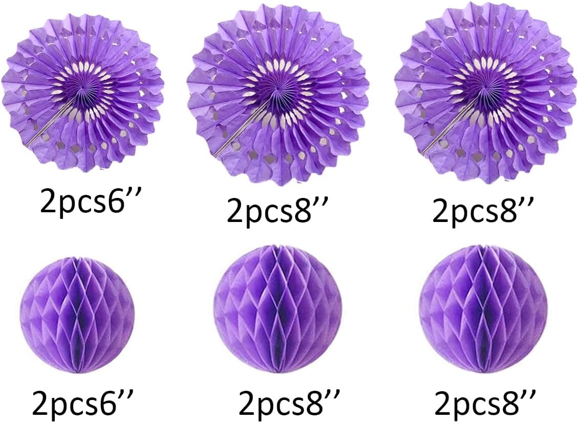 12pcs 6’’ 8’’ Honeycomb Balls Tissue Paper Fans Party Honeycomb Ball Fans Wall Tissue Pom Poms Flower Balls Hanging Paper Fans for Party Baby Shower Birthday Wedding Nursery Wall Decor(Purple kit)