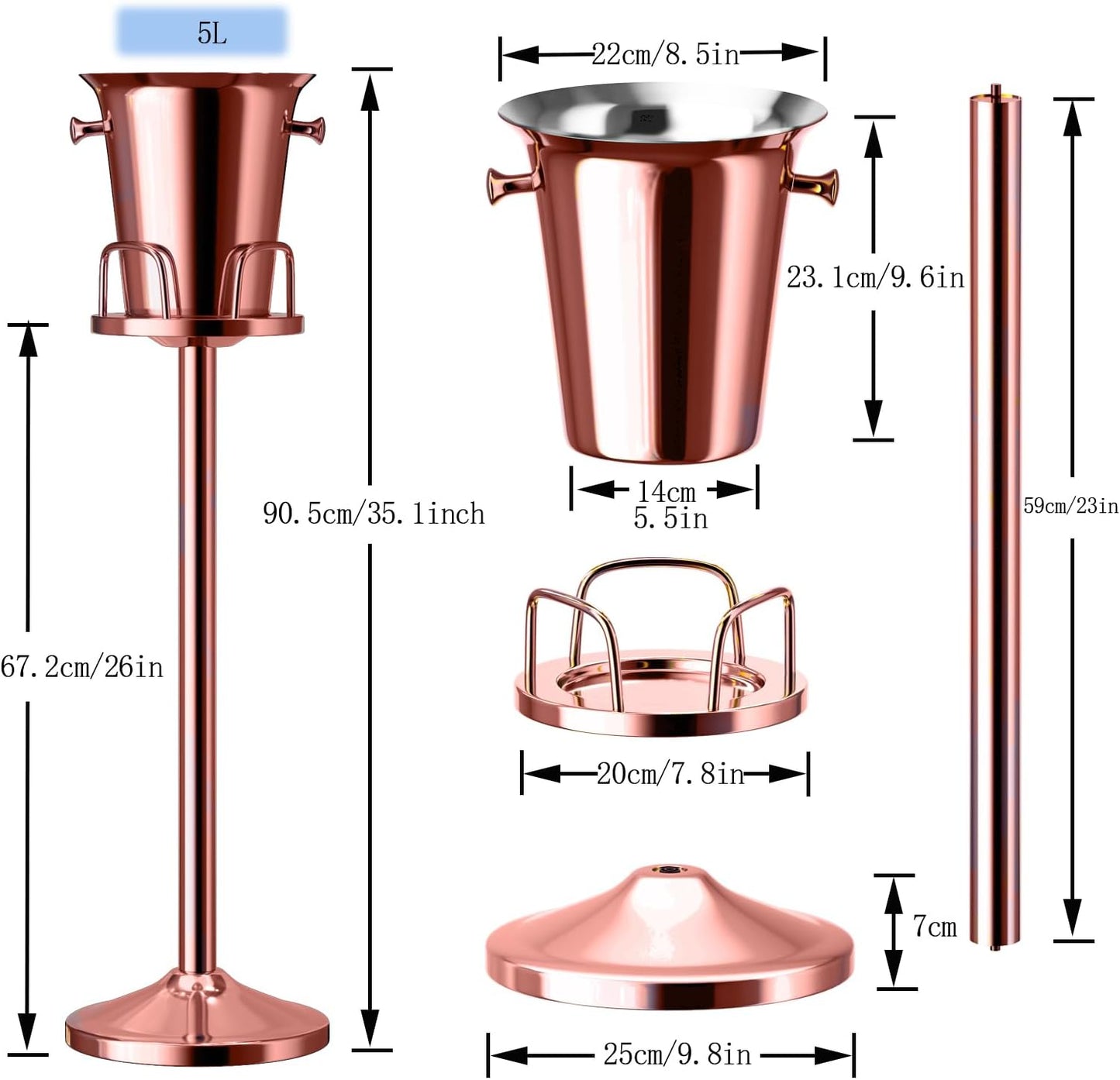Ice Bucket with Stand Standing Champagne bucket for Party Stainless Steel Wine Bucket Wine Cooler with Stand 5L Wine Chiller for Bar Ktv Weding (rose gold)