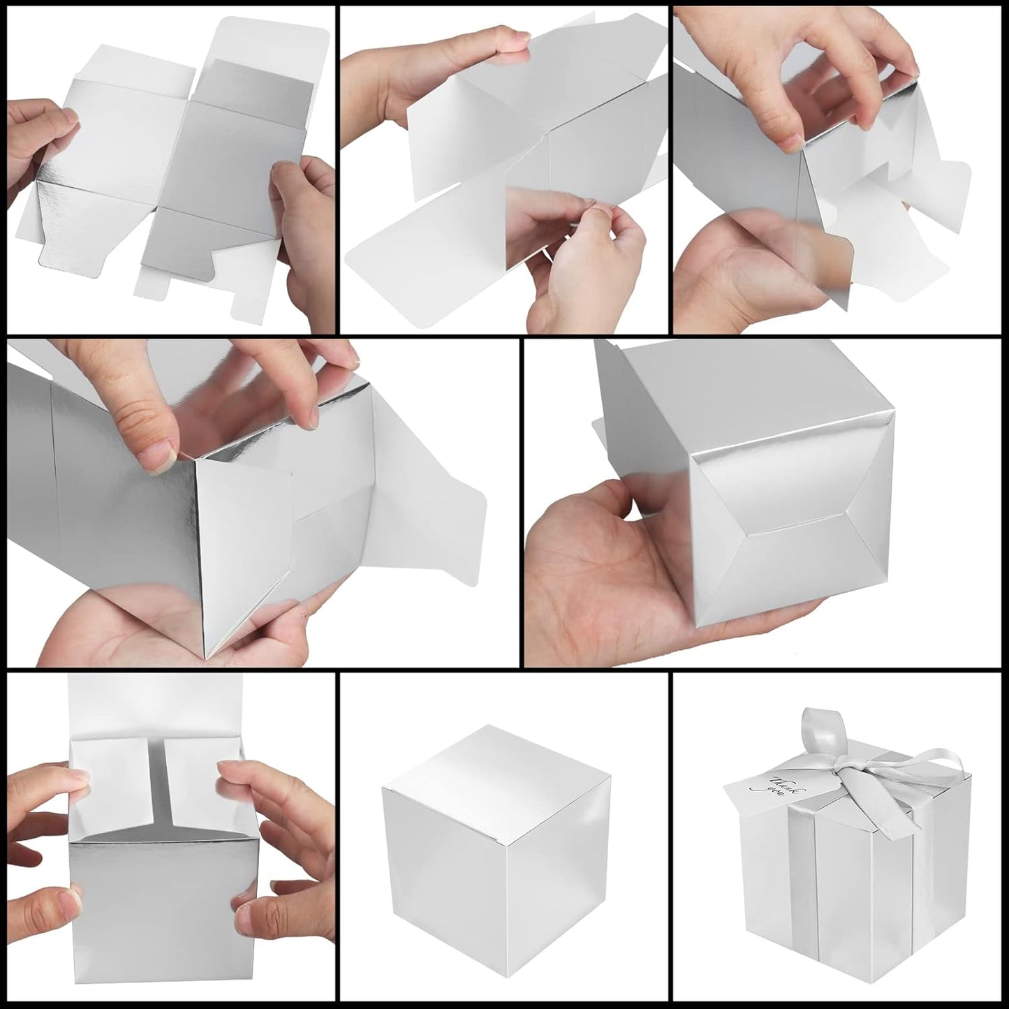 50 Pack Small Favor Boxes, 4x4x4 Silver Paper Gift Boxes with Lids for Presents, Crafting, Cupcake, Candy, Wedding Party, Bridal Shower, Baby Shower Favors