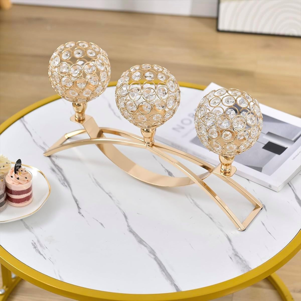 VINCIGANT 4Pcs Christmas Table Decoration Gold Bulk Decorative Tealight Candle Holder for Wedding,3-Candle Candelabras for Christmas Party Dinning Room Table Centerpiece,Gift Boxed for Thanksgiving