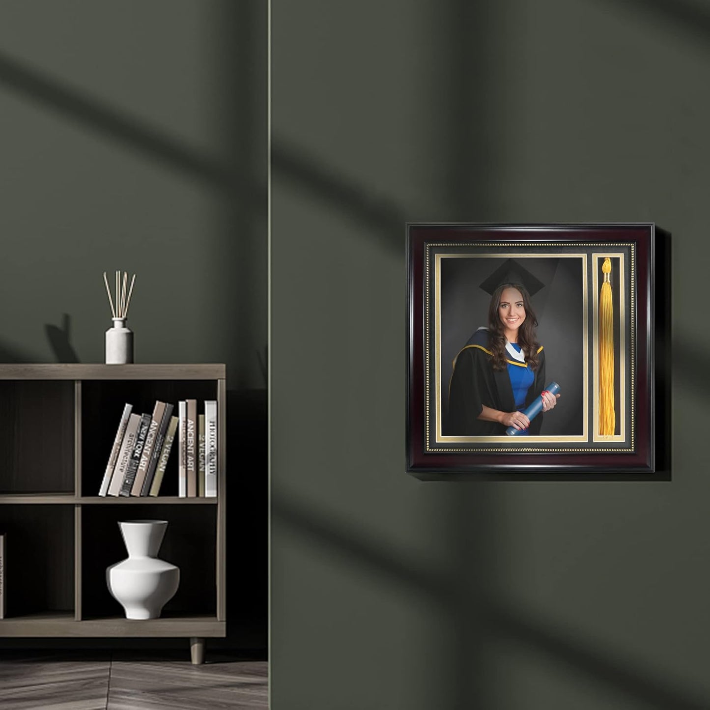 GraduationMall Graduation Photo Shadow Box Frame with Tassel Holder for 8x10 Pictures,Real Glass,Black Over Gold Double Mat,Wall & Tabletop Design