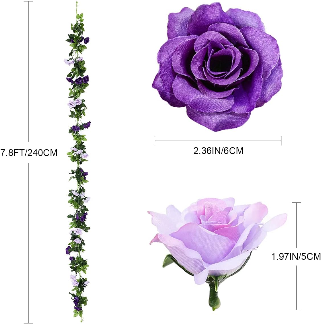 Veryhome 3PCS 23.7FT Artificial Purple Rose Flower Garland, Silk Hanging Floral Garland, Decorative Flower Vines for Room Decor Wedding Arch Flowers for Ceremony (Purple)