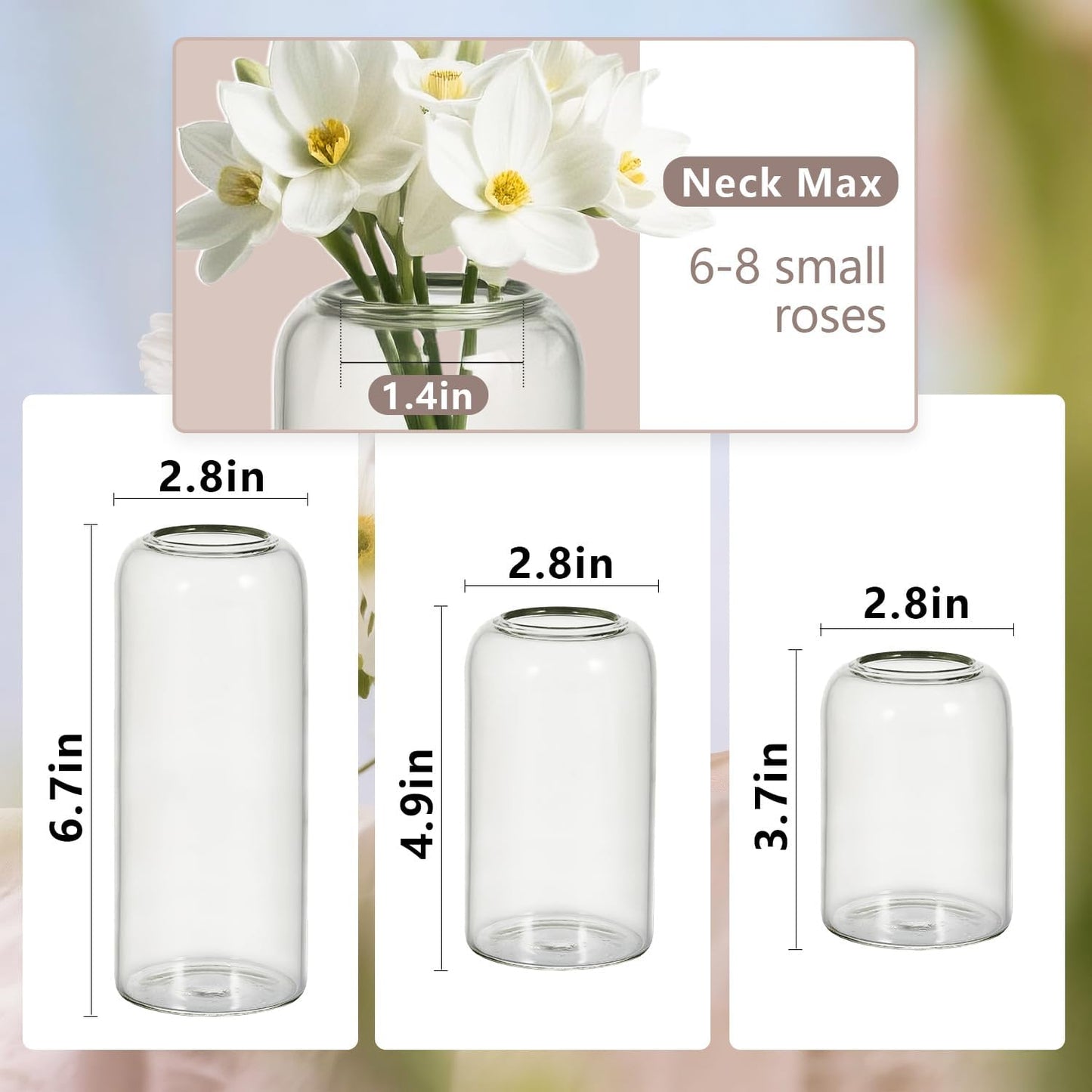 Glass Bud Vases Set of 3 Clear Flower Vase for Centerpieces Shelf, 3.9'' 4.9'' 6.7'' Modern Small Vases for Living Room Bedroom Office Home, Decor for Wedding House Warming Party