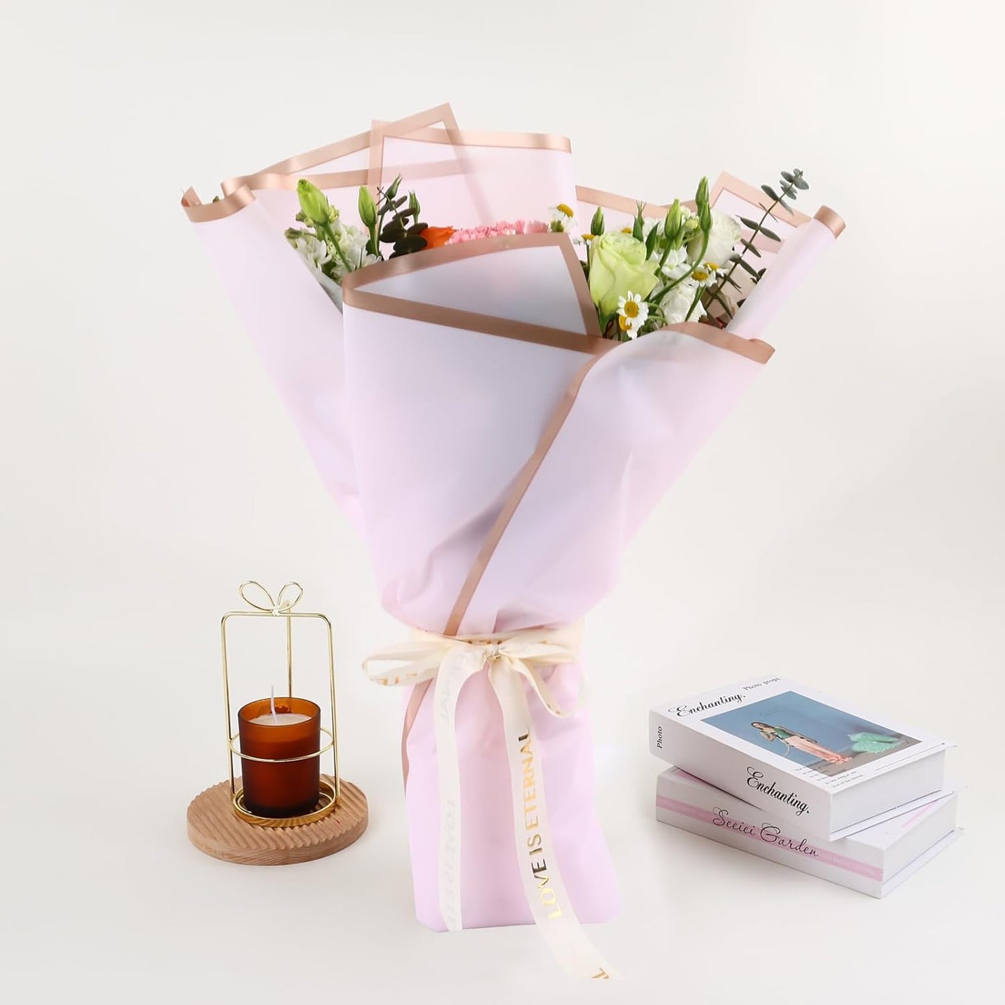 NESCCI 20 Sheets Pastel Pink Floral Bouquet Wrapping Paper - Waterproof, 22.8x22.8 inches, Perfect for Wedding, Birthday, Valentine's Day & More