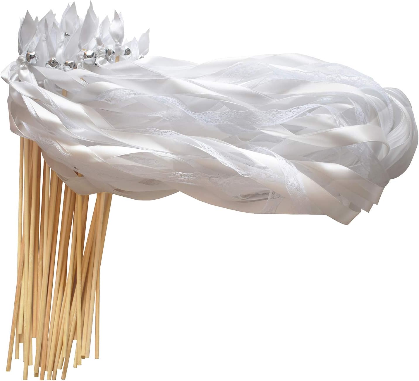 Kingsnow 50 Pack White Lace Ribbon Wands Wedding Streamers with Silver Bells, Silk Fairy Stick Wish Wands for Wedding Send off Party Activities Holiday Celebration