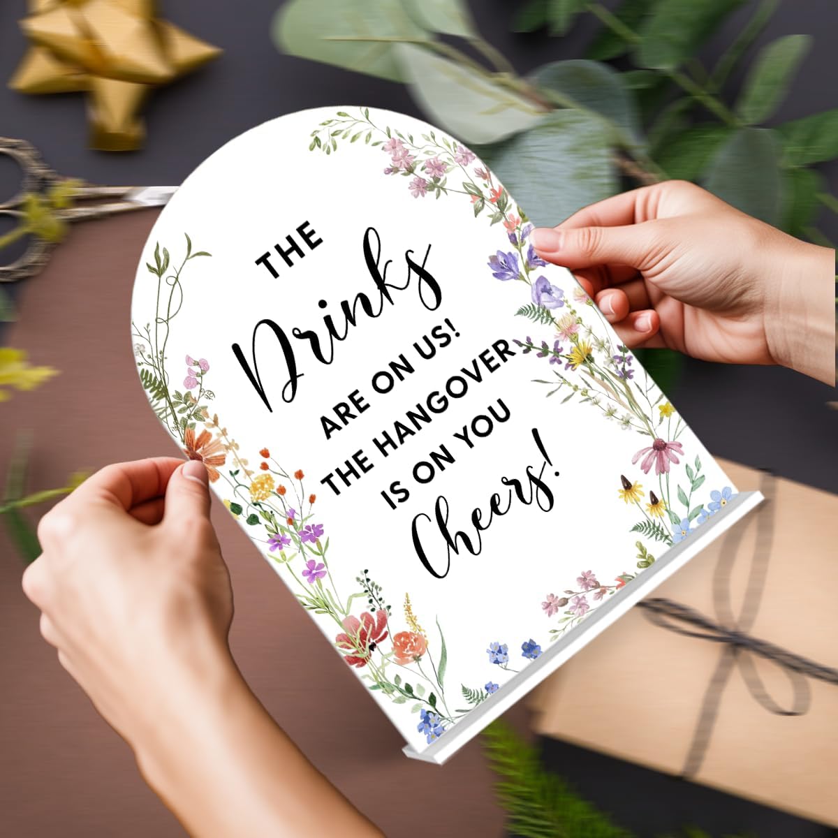 Acrylic Wedding Signs, The Drinks Signs for Marriage Reception, Bridal Shower Decorations, Modern Arched Round Top Acrylic Table Top Sign with Holder for Wedding Party Dinner (White Wildflowers)