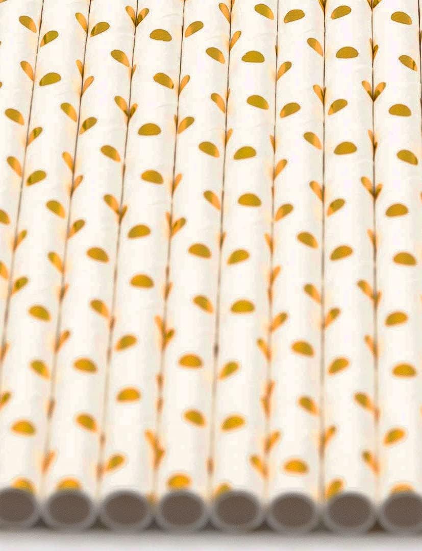 Pack of 900 Gold Polka Dot Foil Biodegradable 4-Ply Paper Drinking Straws (Compostable, Non-toxic, BPA-free)