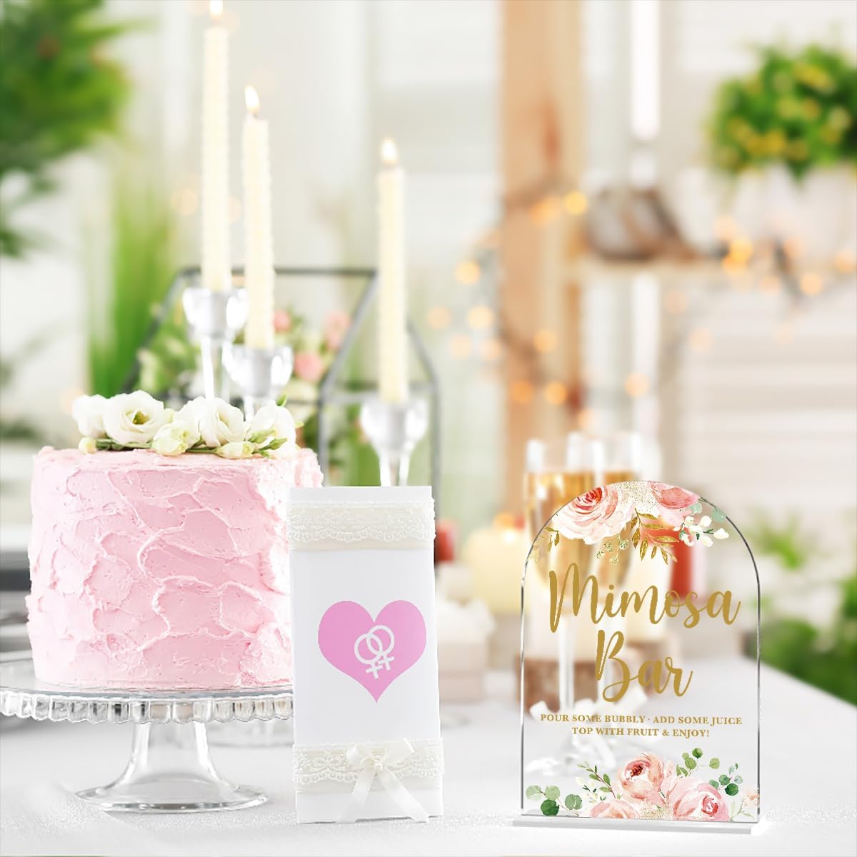 Acrylic Wedding Signs, Bridal Shower Decorations, Mimosa Bar Signs for Reception, Modern Calligraphy Arch Acrylic Table Top Sign for Wedding Reception and Engagement Parties (Clear Pink Flowers)