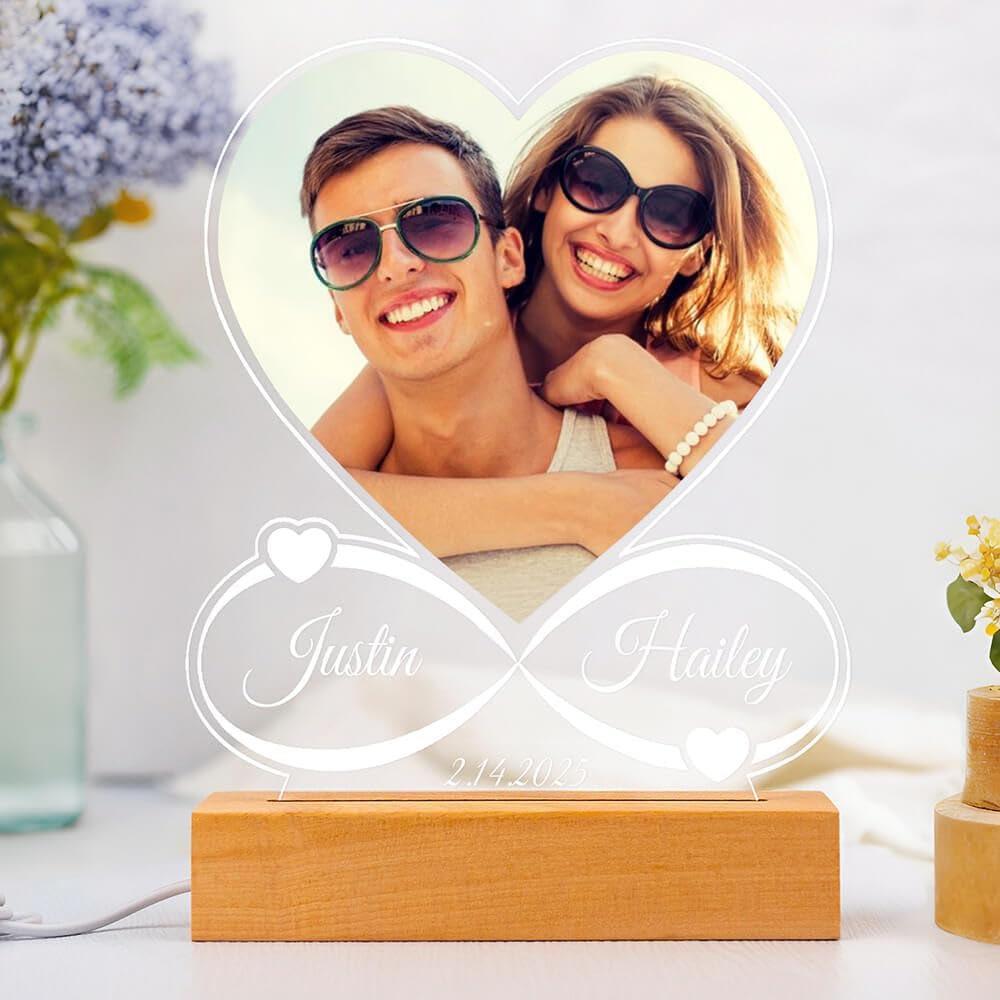 Personalized Anniversary Couple Gifts for Women & Men, Custom Picture Frames with Photo, Personalized Photo Frame with Night Light, Customized Birthday Gifts for Her Him Girlfriend Boyfriend