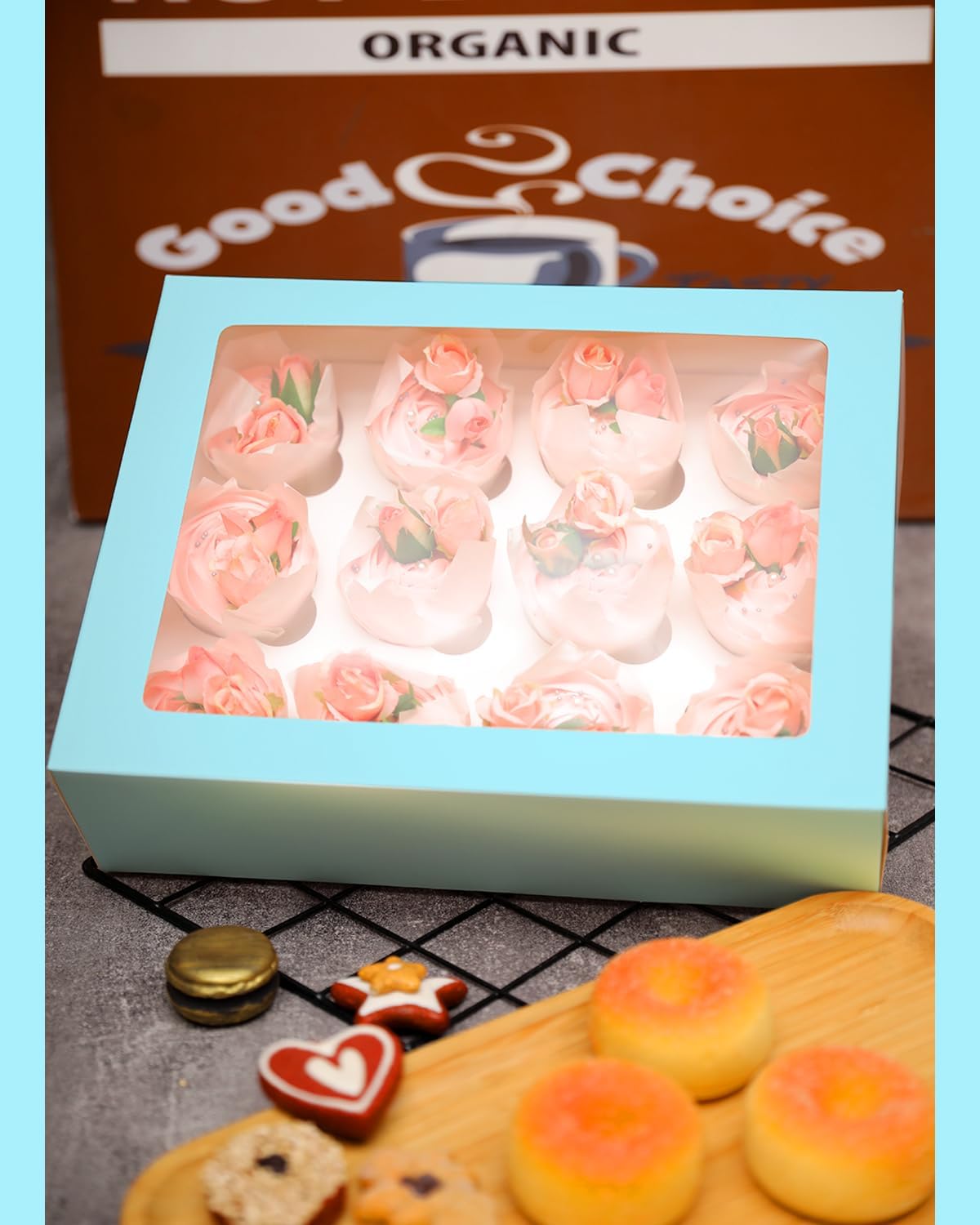 12 Cupcake Containers 10-Packs Light Blue Cupcake Box Cupcakes Carrier, 12 Cupcake Boxes with Window 13"x10"x3.5"(Auto-pop up)