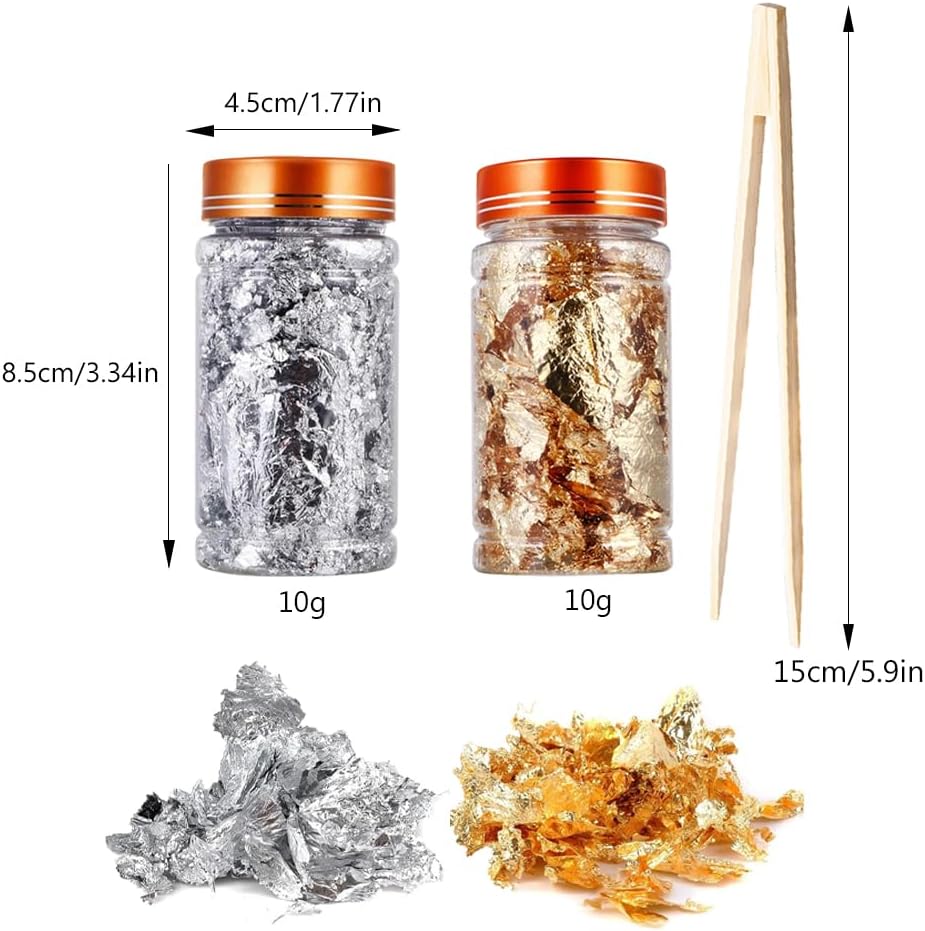 Gold Flakes for Resin, 2 Bottles 10g Imitation Golden Foil Gilding Flake Metallic Leaf for Cake Decoration Chocolate Making Nails Painting Art Crafts with Bamboo Tweezers (Gold, Silver Colors)