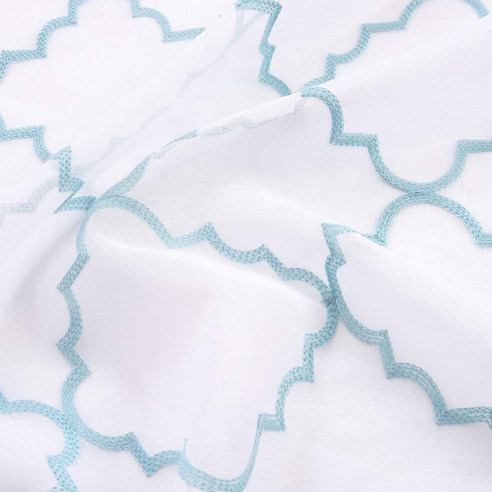 Embroidery Sheer Curtains Blue 63 Inch, Rod Pocket Voile Drapes for Living room, Bedroom, Window Treatments Moroccan Embroidery Semi Crinkle Curtain Panels for Yard, Patio, Villa, Set of 2, 52"x 63".