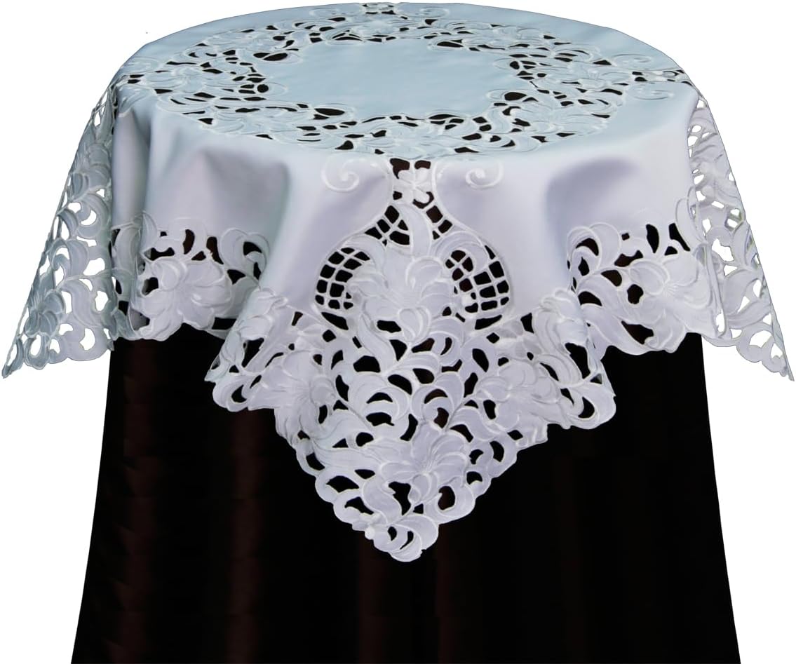 Creative Linens Embroidered Floral Tablecloth 33" Square White Topper
