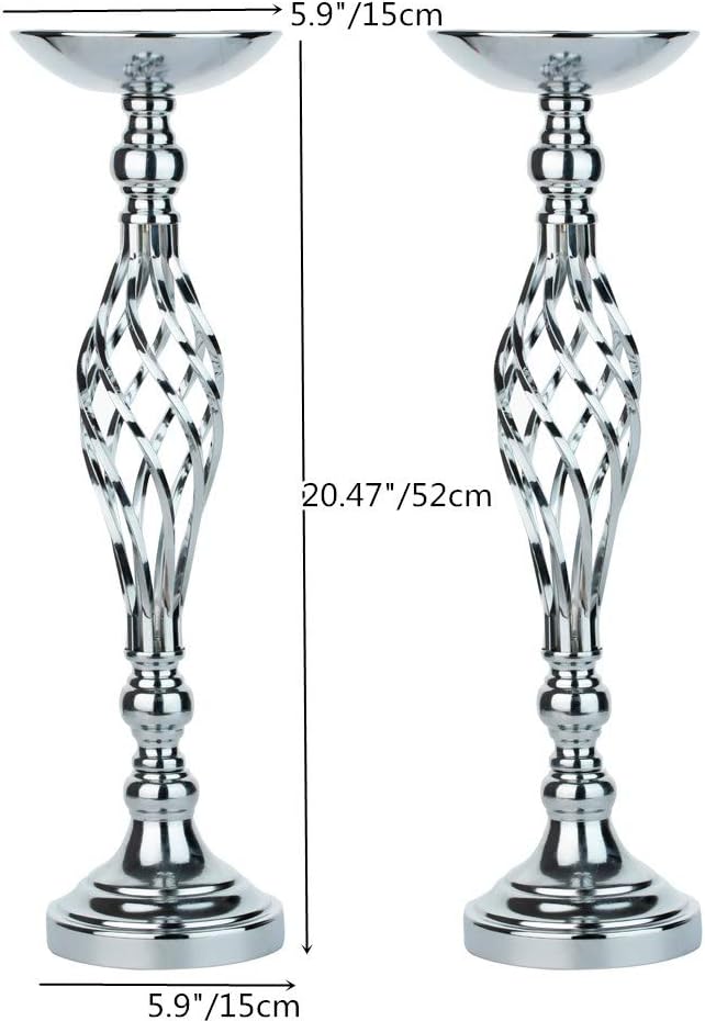 LANLONG 2pcs Metal Silver Candle Holders Road Lead Table Centerpiece Stand Pillar Candlestick for Wedding Candelabra Flowers Vases
