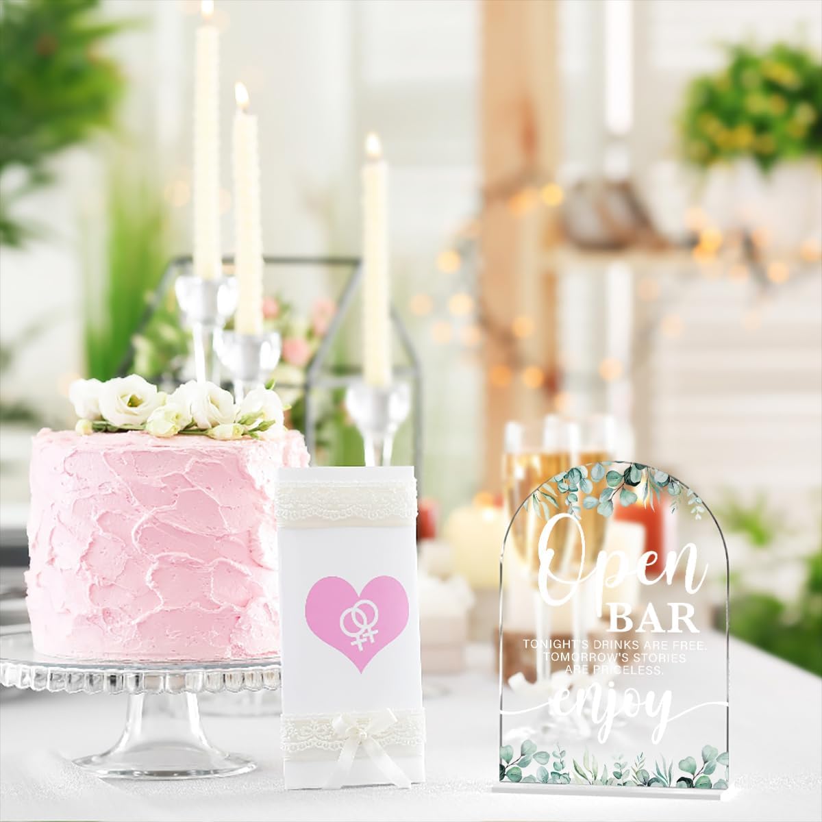 Acrylic Wedding Sign Open Bar Signs for Ceremony Modern Calligraphy Arch Acrylic Table Top Signs for Wedding Reception and Event Party Table Decor (Eucalyptus Leaves)