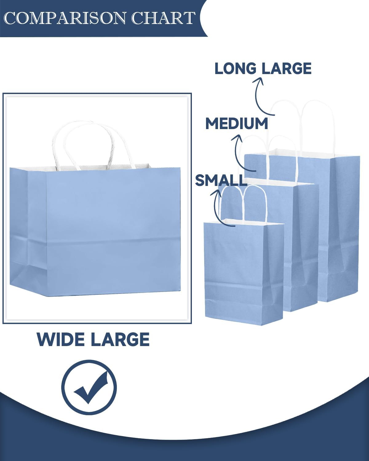 qiqee 100PCS Large Gift Bag with Handles Bulk 13"x4.5"x10" Gift Bags Light Blue Multiple Uses (32x11x25cm,Wide Large)