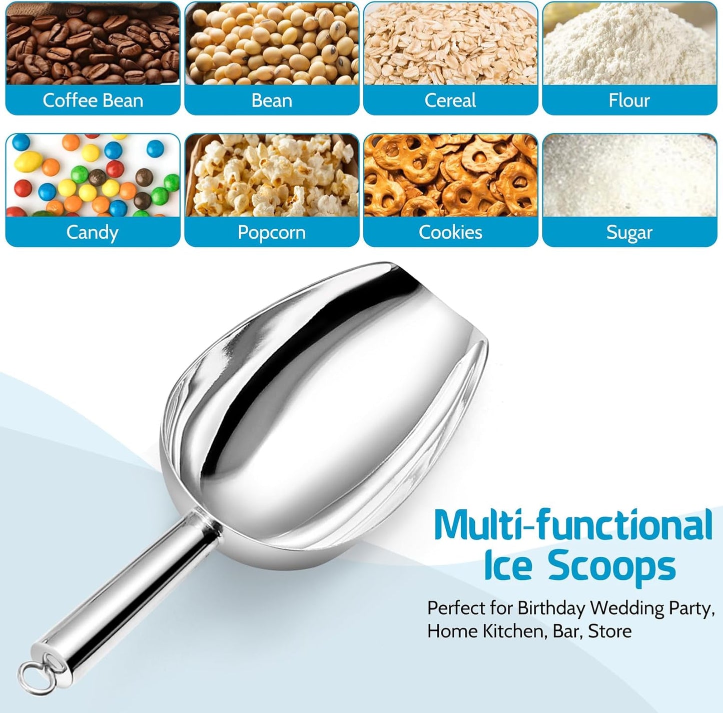 P&P CHEF Canister Scoop Set of 3, Ice Candy Scoop, Stainless Steel Multipurpose Food Scooper for Buffet Jar Freezer, Mirror Finish & Dishwasher Safe, Silver, 8+12+24 Oz