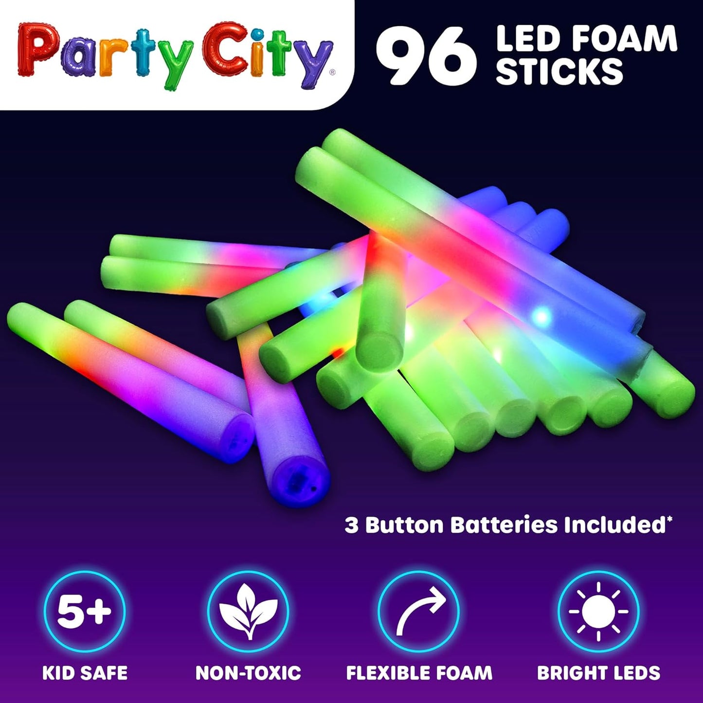 Party City 96pk LED Foam Glow Sticks 14”- Glow in the Dark Party Supplies Favors, Colorful Flashing Wand with 3 Modes, Foam Light Up Sticks Bulk Party Pack for Wedding, Birthday, Concert, Halloween