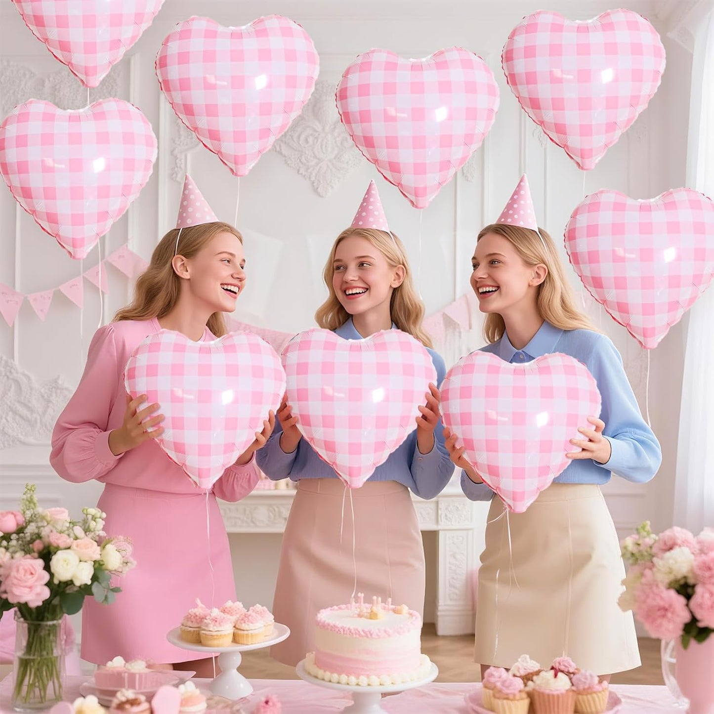 Pink White Checkered Heart Balloons,12Pcs 18Inch Light Pink Grid Heart Shaped Foil Helium Polyester Film Balloons for One Silly Goose Birthday Baby Shower Party Decorations