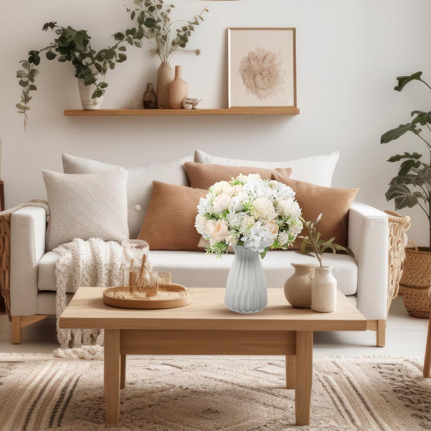 Tigeen Artificial Flowers Artificial Peonies Silk Flowers Faux Peony Fake Peony Silk Hydrangea Bouquet for Wedding Table Centerpiece Floral Vase Decor(Champagne White,12 Bundles)