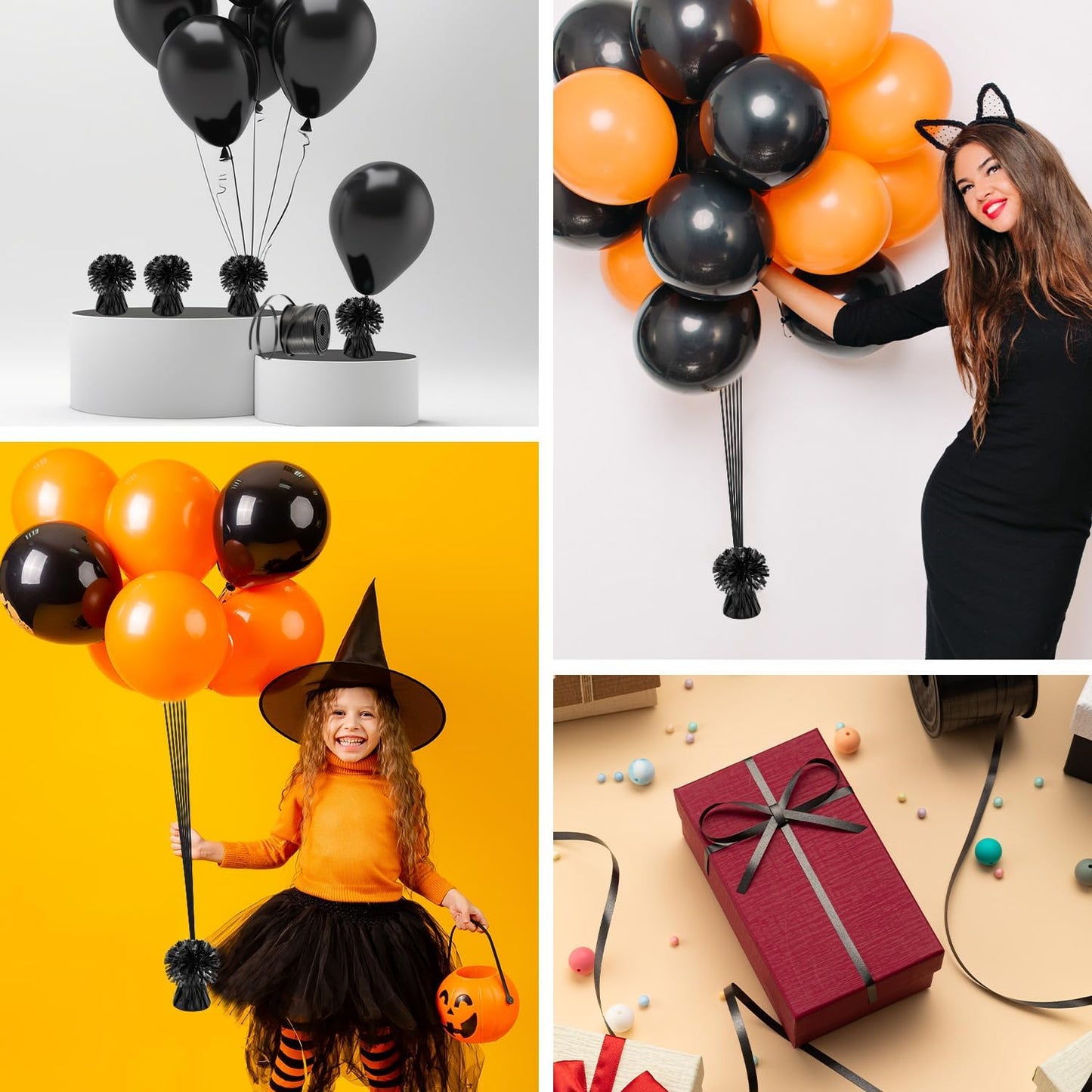 24 PCS Balloon Weights Metallic Anchor, Balloon Holder Heavy Weights with 1 Roll Black Crimped Ribbon for Balloons Table Party Favor Birthday Decor(Black)