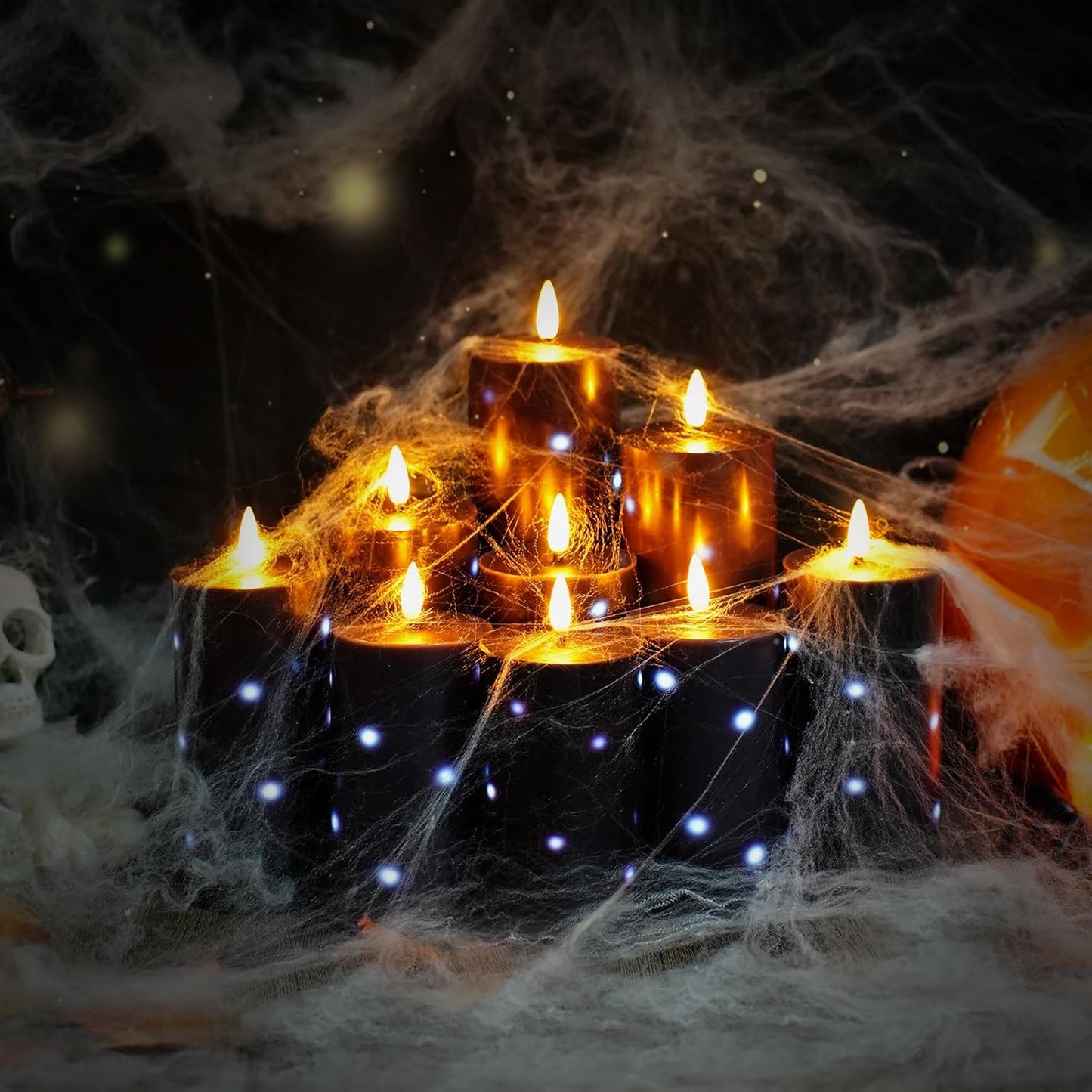 Flickering Flameless Candles,Battery Operated Real Wax LED Pillar Candles with Remote Control and Timer,with Embedded Star String,Set of 9 (Black)