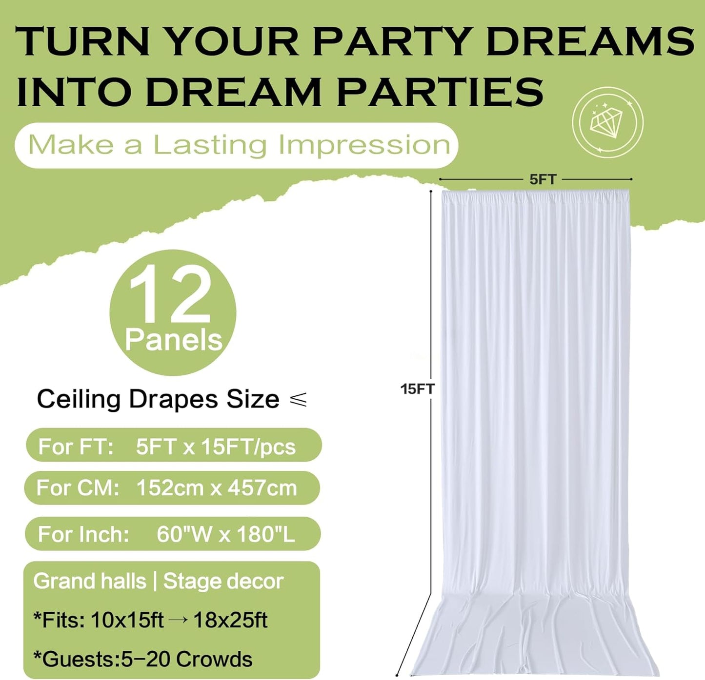 PartyVillage 60ft×15ft White Backdrop Curtain for Wedding Parties, 12 Panels Wrinkle Free 15 FT Long Polyester Photo Backdrop Drapes Back Drop Cloth for Birthday Photography Background