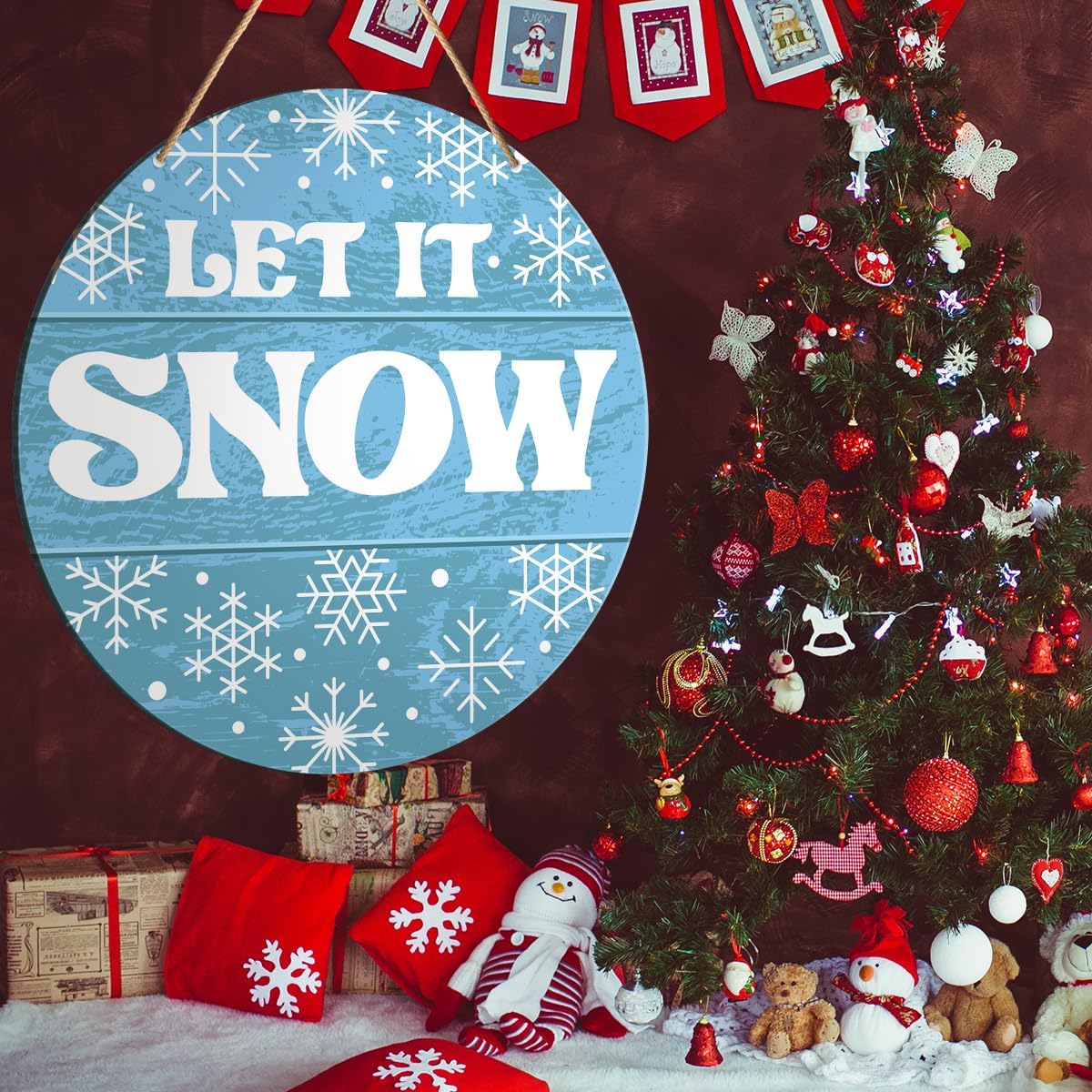 Muktoujaumai Winter Sign Front Door Decor, Christmas Round Hanging Sign Decor Snowflake Xmas Holiday Wall Decorations Winter Wood Sign for Door, Porch, Home, Let It Snow