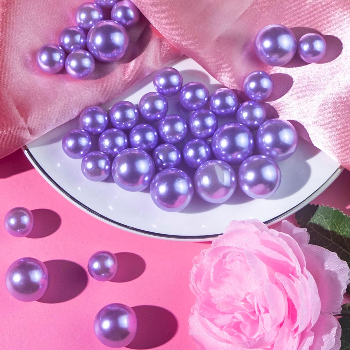 300Pcs Light Purple Polished No Hole Faux Pearl Beads for Vase Filling Decorations, Plastic Pearls Vase Fillers, Table Scatters, Wedding Centerpiece, Home Decor, 8/14/20 mm